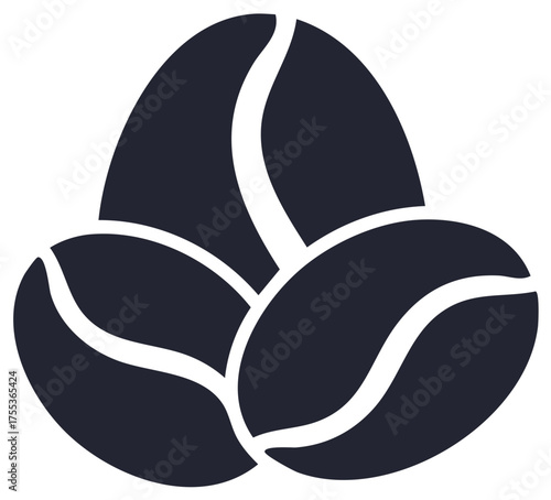 Three stylized dark coffee beans with white highlights arranged in a cluster, isolated on a white background.
