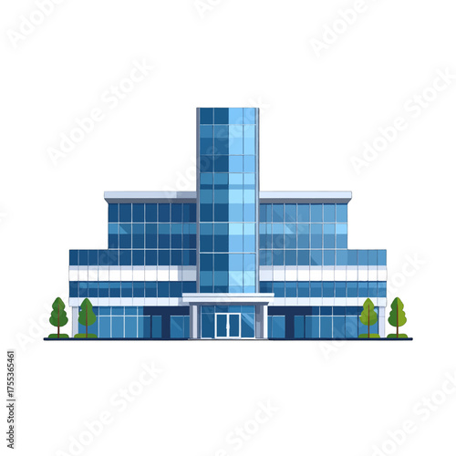 Modern Blue Glass Building Exterior with Trees on White Background Architecture Office Corporate Structure