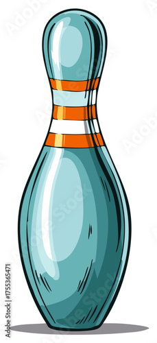 Teal Bowling Pin with Orange and White Stripes and Shadow