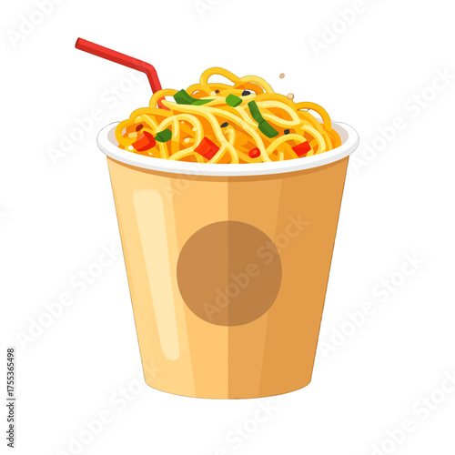 Pixel Art Noodles in Tan Cup with Straw Isolated on White Background Healthy Takeout Meal of Pasta Red Pepper and Green Vegetables for Fast Food Concept
