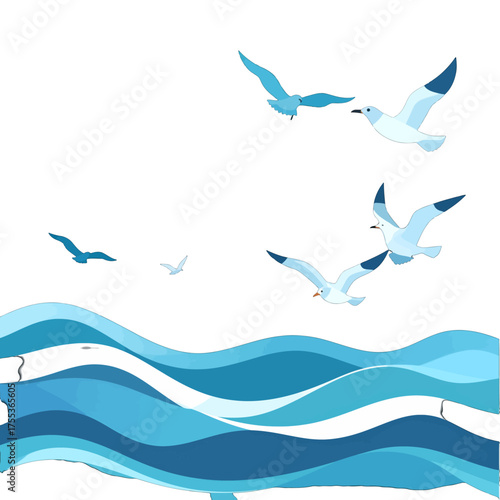 Abstract Azure Ocean Waves With Flying Birds in Serene White Background Flat Design Concept