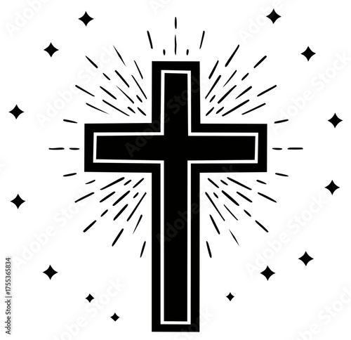 Christian cross symbol with shining light rays and stars black and white illustration