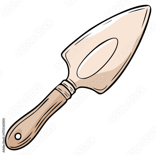 Cartoon style garden trowel illustration with wooden handle and metal blade for planting and digging