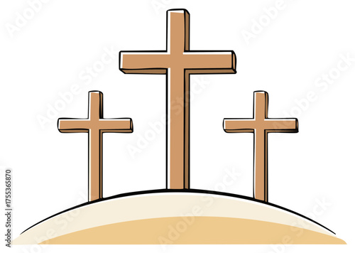 Three wooden crosses on a hill representing Calvary. Christian religion.