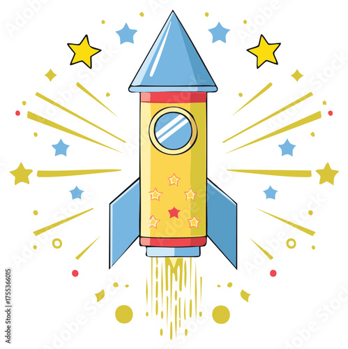 Bright cartoon rocket blasting off with stars and celebratory effects