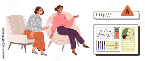 Two women engaged in conversation seated in chairs with cybersecurity alert and data analytics displayed. Ideal for teamwork, cybersecurity, analytics, online safety, problem-solving, crisis