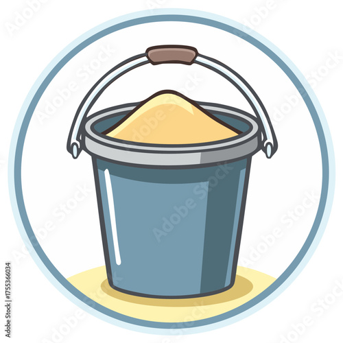 Children's Blue Sand Bucket Filled with Yellow Sand and Beach Scene