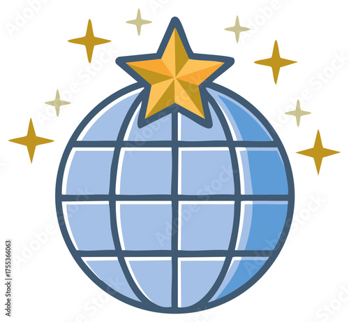 Illustration of a blue globe with a gold star and additional shining stars.