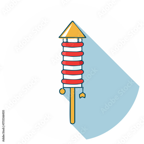 Traditional red and white striped firecracker with yellow tip and handle