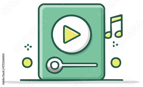 Cute cartoon retro music player icon with play button and sound notes for audio streaming