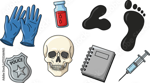 Forensic Investigation Kit Cartoon Icons with Skull, Gloves, Footprint, Police Badge, and Syringe.