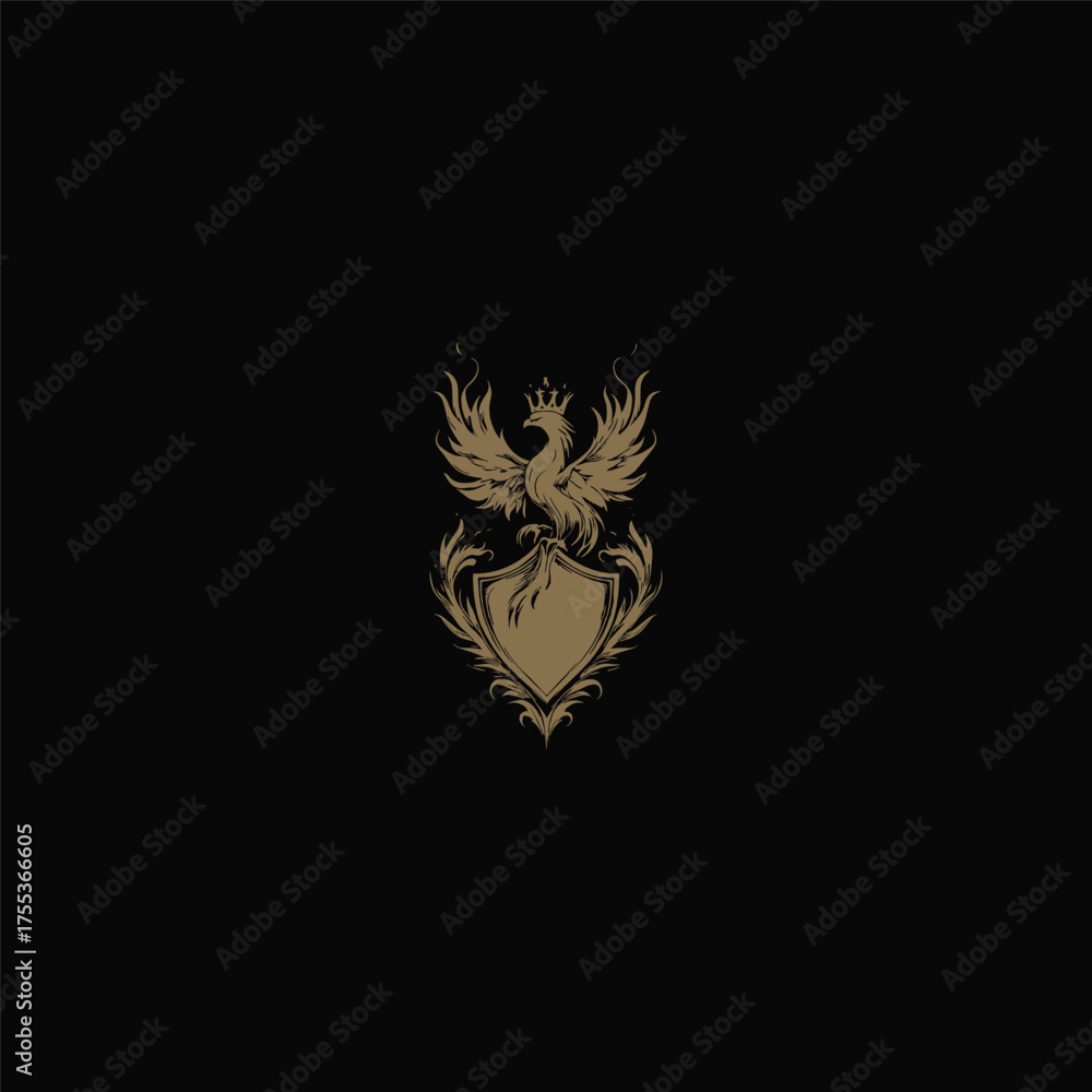 Obraz premium Majestic golden Phoenix bird heraldic crest logo crowned with a royal crown and resting on a shield
