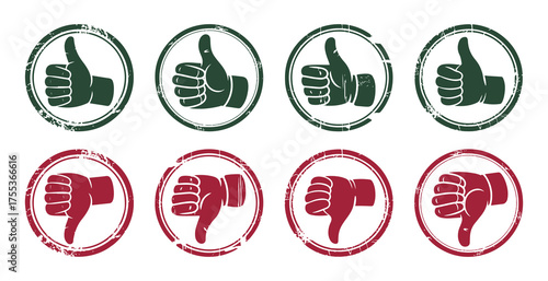 Thumbs up icon. Thumb down symbol  Rubber Stamp Vector Icons Like and Dislike Hand Symbols for Feedback, Approval, and Rejection  Grunge Circle Stamp Design for Review or Rating Illustration
