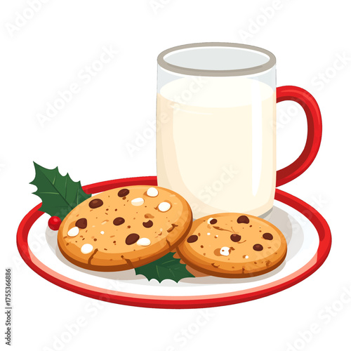 Pixel Art Style Christmas Cookies and Milk on a Red Trimmed Plate With Holly Leaves Festive Treat and Drink Celebration Still Life