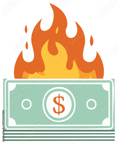 Illustration of money stack burning in bright flames symbolizing financial crisis loss