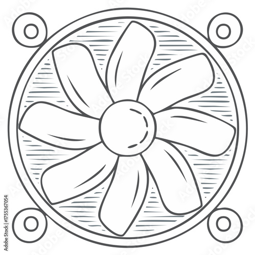 Monochrome Illustration of Circular Fan with Blades and Mounting Points  Cooling Technology System Device