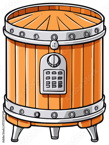Vintage orange barrel with metal bands and digital control panel on legs