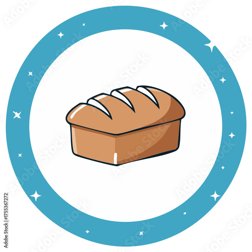 Cartoon illustration of a fresh baked loaf of bread in a blue circle with sparkling stars