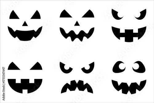 Scary monster faces icon set. Jack o lantern face halloween pumpkin concept vector illustration on white background