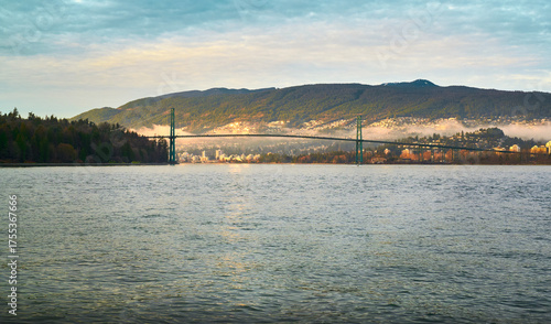 Lions Gate Bridge at sunset. View from Stanley Park. Vancouver, British Columbia, Canada