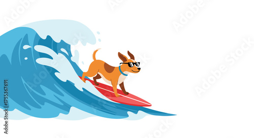 A cool dog wearing glasses surfs a big wave on a surfboard.