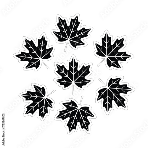 Black maple leaf silhouette vector collection, simple autumn leaf icons, natural botanical shape design, fall season decoration, nature graphic illustration for print and pattern