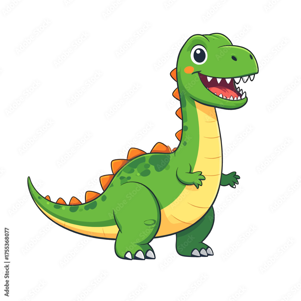 Fototapeta premium Friendly Green Cartoon Dinosaur with Orange Spikes Smiling Happily on a Plain White Background Cheerful and Playful Character Illustration