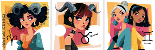 Illustration showcasing the astrological zodiac signs, focusing on Aries, Taurus, and Gemini. Set 1 of 4