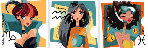 Illustration showcasing the astrological zodiac signs, focusing on Capricorn, Aquarius, and Pisces. Set 4 of 4
