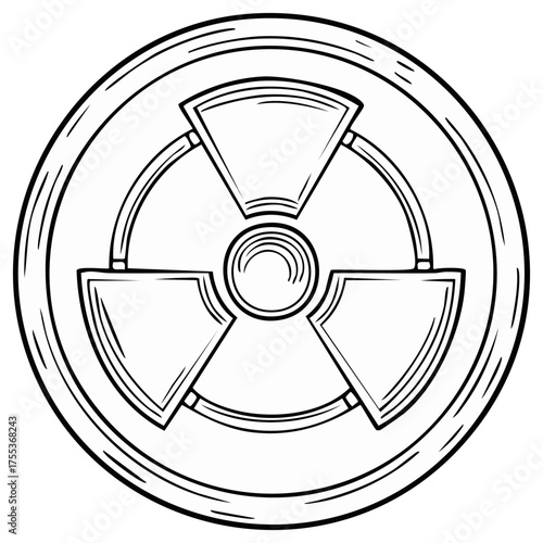 Illustration of a radioactive hazard symbol or sign in black and white