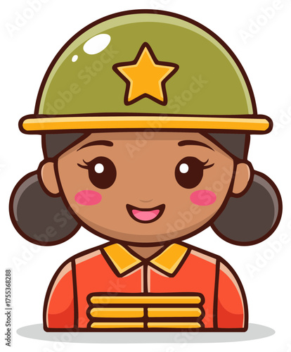 Cartoon Girl Soldier Smiling with Star Helmet, Military Cadet Graphic, Young Officer in Uniform, Cute Avatar