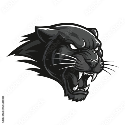 Bold black panther head roaring fiercely with sharp teeth, perfect for sports team logos, branding, and powerful designs that demand attention