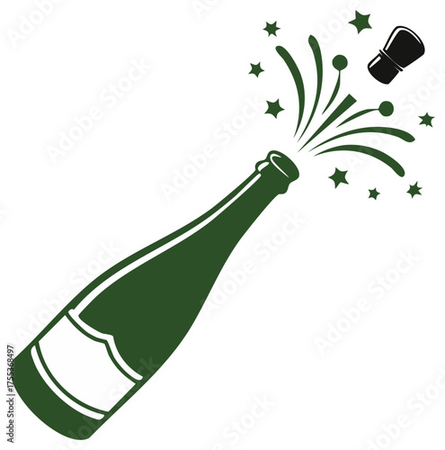 Popping champagne bottle with exploding cork and stars vector icon