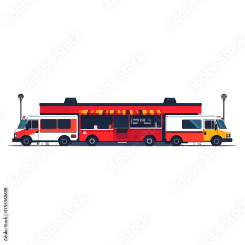 Red and White Food Truck Illustration with Detailed Pixel Art Style Design on White Background Perfect for Stock Photography and Vector Graphic Projects