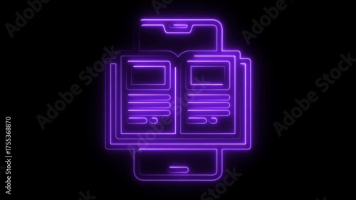 Purple Neon Open Book Icon on Smartphone on Black Background mobile phone reading