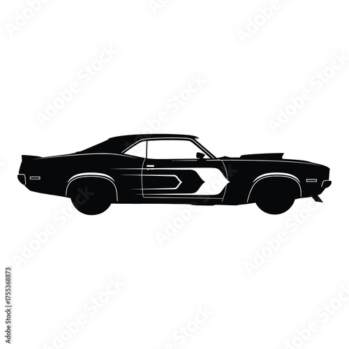 Sleek silhouette of a classic muscle car evokes power and nostalgia, perfect for automotive designs and vintage-themed projects