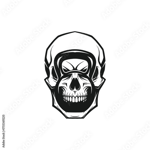 Intense skull fused with kettlebell design for powerful fitness brand, perfect for edgy gym promotions or hardcore workout apparel merchandise