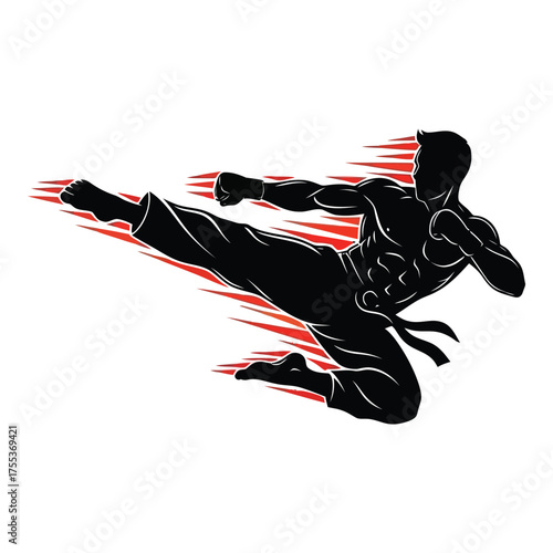 Dynamic silhouette of martial artist kicking with intense speed and motion, perfect for sports branding and fitness promotions, powerful and athletic