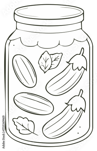 Simple black and white line art of a jar with pickled cucumbers for a coloring page