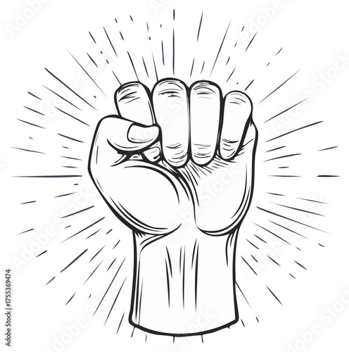 Raised Fist Symbol of Power and Resistance with Sunburst Lines Illustration