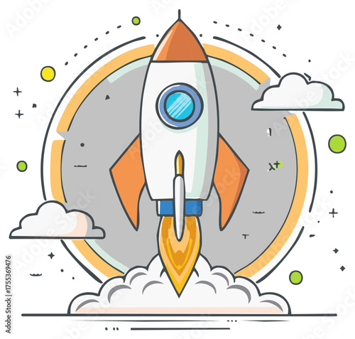 Rocket ship launching with smoke and stars cartoon illustration for business startup concept