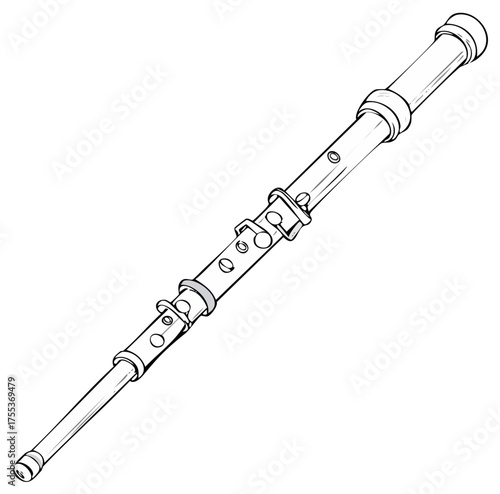Detailed line drawing illustration of a clarinet with finger holes and keys on a white background.