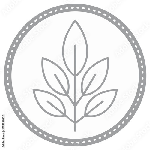 Botanical emblem with leaves, gray line art within dotted circle frame, simplified foliage illustration in minimalist style