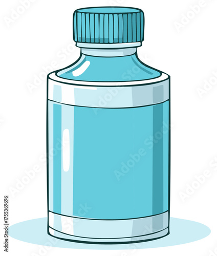 Cartoon illustration of a medical bottle with blue liquid and a blank label