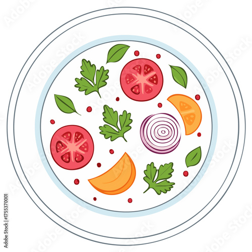 Vegetable Salad with Tomatoes Onions and Herbs Served on a Plate, Healthy Food Ingredient Flat Lay
