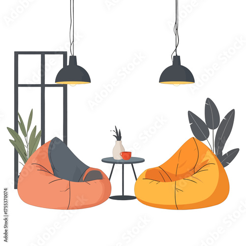 Cozy Orange And Gray Beanbag Chairs Under Pendant Lights In Bright Room With Houseplant By Window Illustration