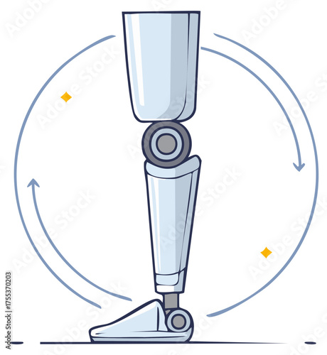 Modern prosthetic leg with circular motion arrows and yellow accents symbolizing movement and technology