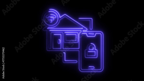 Neon Blue Smart Home and Security Icon on Smartphone mobile app wifi