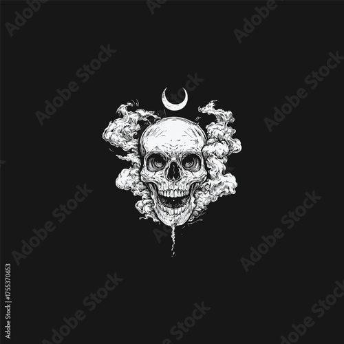 Dark and occult illustration of a screaming human skull with dripping details, surrounded by swirling smoke and crowned by a crescent moon
