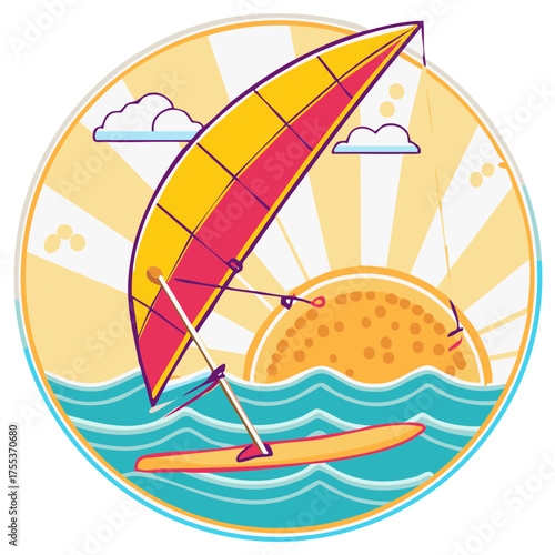 Illustration of a windsurfer sailing on the water during sunset near clouds